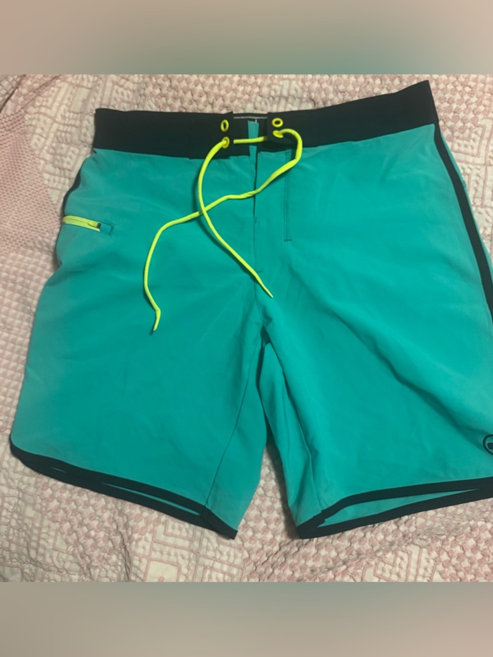Vineyard Vines Teal Swim Board Shorts with Neon Yellow Drawstring- small